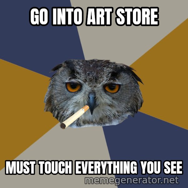 Art Student Owl meme: go into art store / must touch everything you see