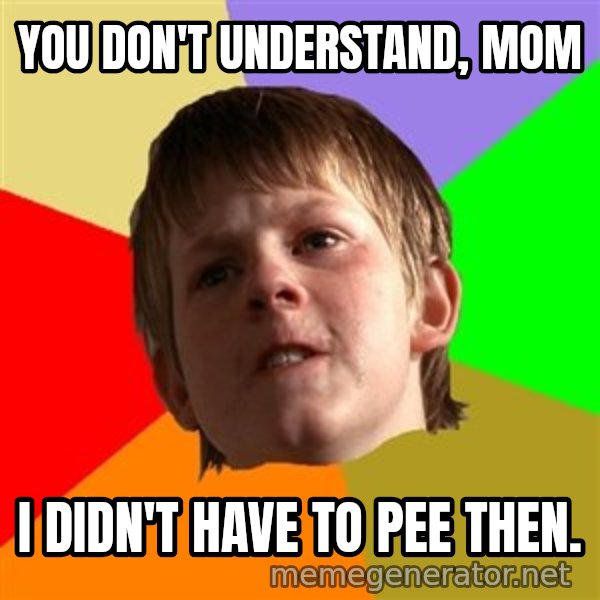 Angry School Boy meme: You don't understand, mom / I didn't have to pee then.