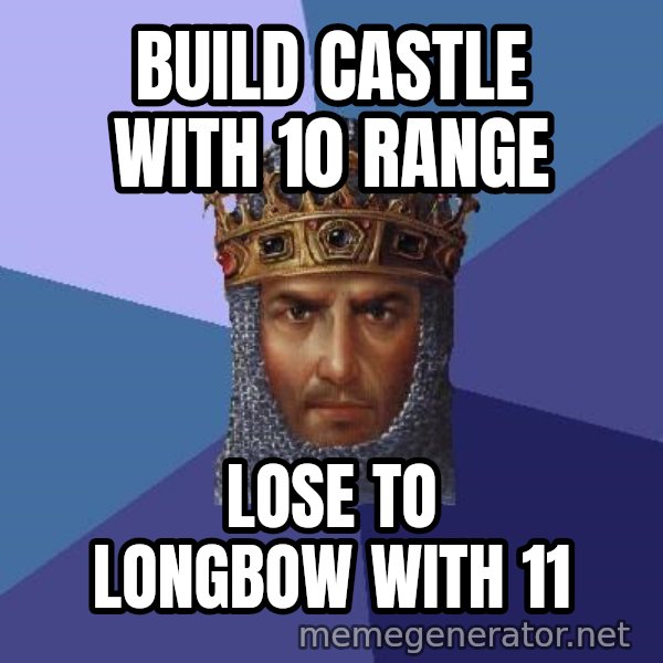 Age Of Empires meme: build castle with 10 range / lose to longbow with 11