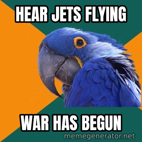 Paranoid Parrot meme: Hear jets flying / War has begun