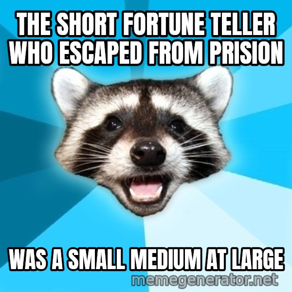 Lame Pun Coon meme: The short fortune teller who escaped from prision / was a small medium at large