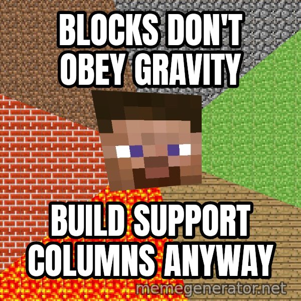 Minecraft Guy meme: Blocks don't obey gravity / Build support columns anyway