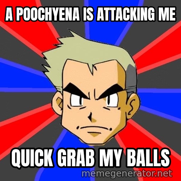 Professor Oak meme: A poochyena is attacking me / Quick grab my balls