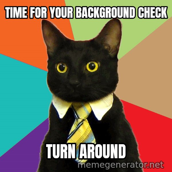 Business Cat meme: time for your background check / turn around