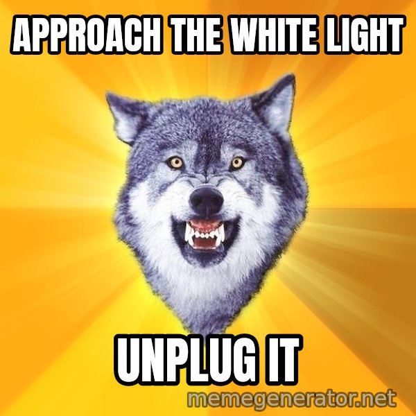 Courage Wolf meme: Approach the white light / unplug it