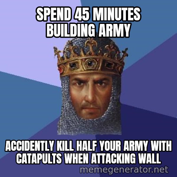 Age Of Empires meme: spend 45 minutes building army / accidently kill half your army with catapults when attacking wall