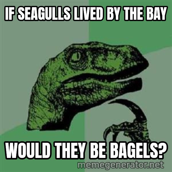 Philosoraptor meme: If seagulls lived by the bay / wOULD THEY BE bagels?