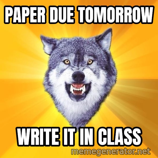 Courage Wolf meme: paper due tomorrow / write it in class