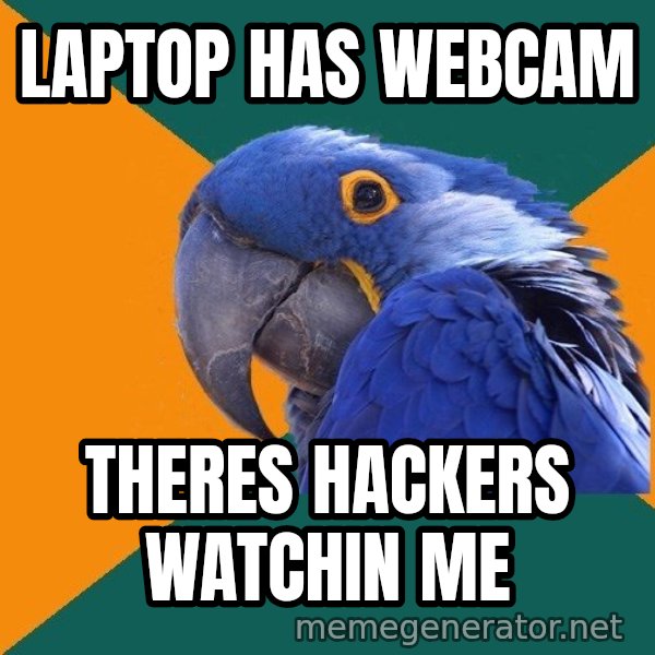 Paranoid Parrot meme: laptop has webcam / theres hackers watchin me