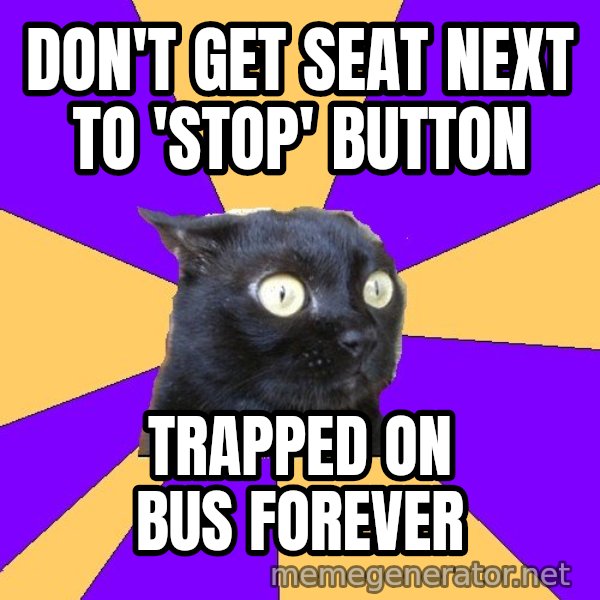 Anxiety Cat meme: Don't get seat next to 'stop' button / trapped on bus forever