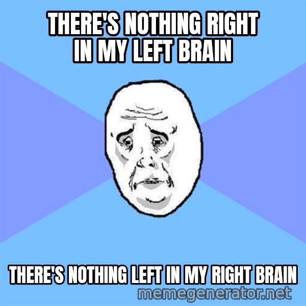 Okay Guy meme: THERE's Nothing right in my left brain / THERE's Nothing LEFT in my RIGHT brain