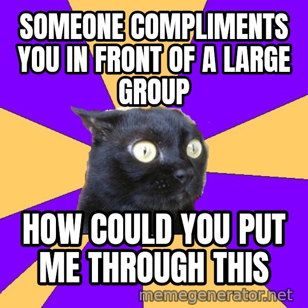 Anxiety Cat meme: someone compliments you in front of a large group / how could you put me through this