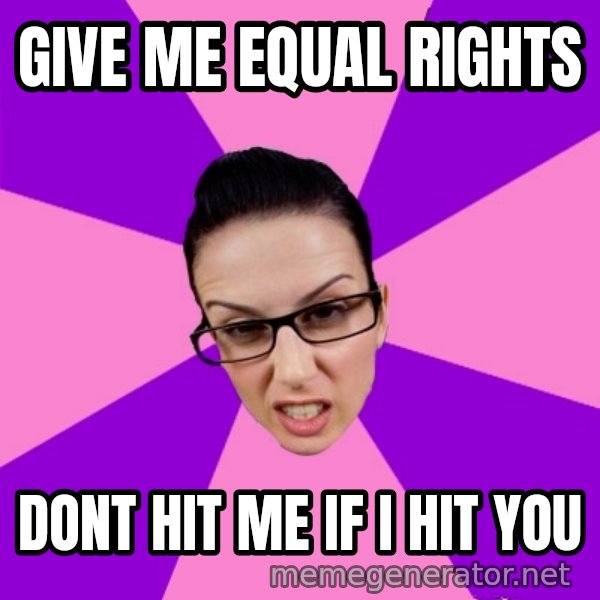 Privilege Denying Feminist meme: Give me equal rights / dont hit me if i hit you
