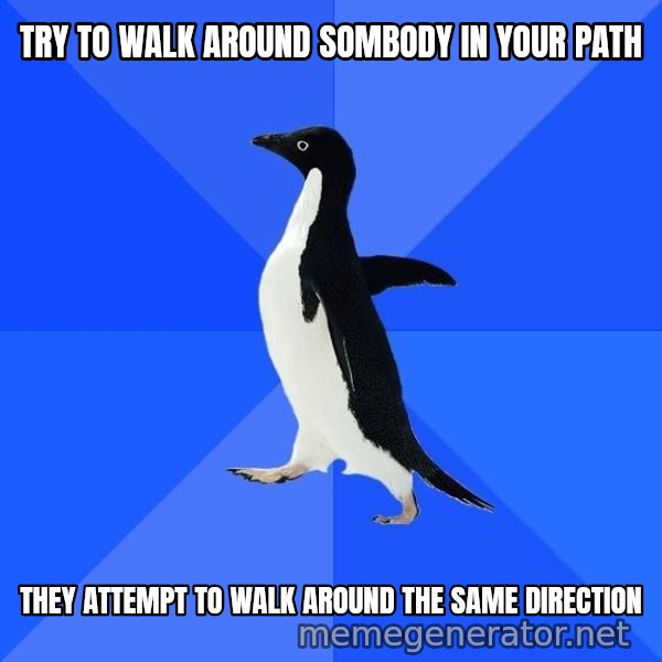 Socially Awkward Penguin meme: Try to walk around sombody in your path / they attempt to walk around the same direction