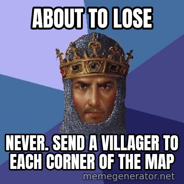 Age Of Empires meme: ABOUT TO LOSE / NEVER. SEND A VILLAGER TO EACH CORNER OF THE MAP