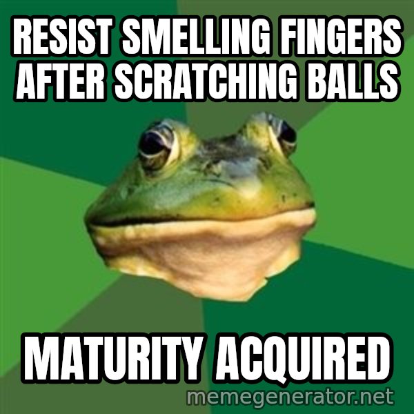 Foul Bachelor Frog meme: resist smelling fingers after scratching balls / maturity acquired