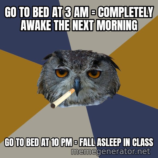 Art Student Owl meme: GO TO BED AT 3 AM = COMPLETELY AWAKE THE NEXT MORNING / GO TO BED AT 10 PM = FALL ASLEEP IN CLASS