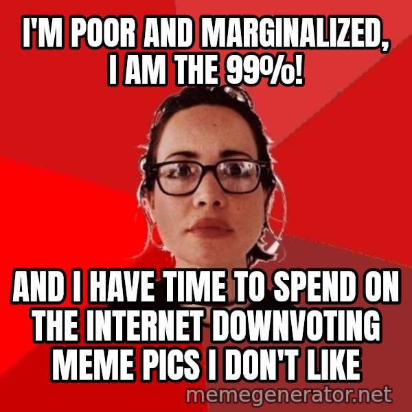 Liberal Douche Garofalo meme: I'm poor and marginalized, I am the 99%! / And I have time to spend on the internet downvoting meme pics I don't like