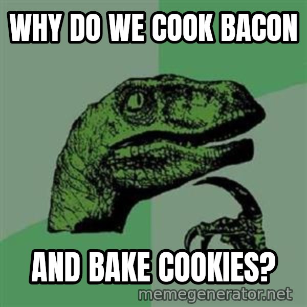 Philosoraptor meme: why do we cook bacon / and bake cookies?