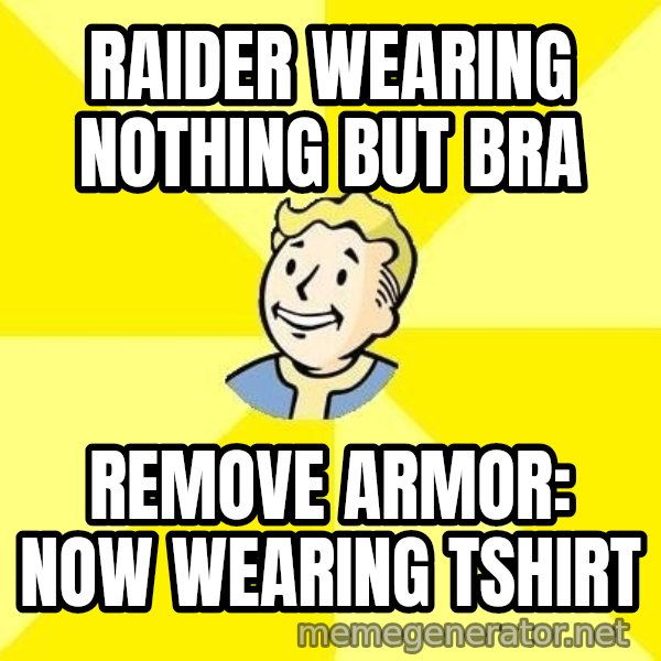 Fallout 3 meme: RAIDER WEARING NOTHING BUT BRA / remove armor: now wearing tshirt