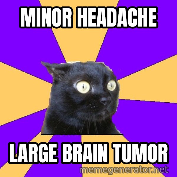 Anxiety Cat meme: minor headache / large brain tumor