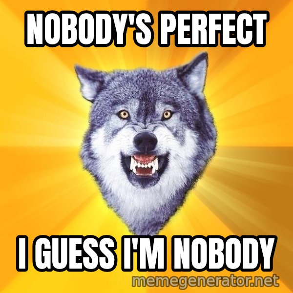 Courage Wolf meme: Nobody's perfect / i guess i'm nobody