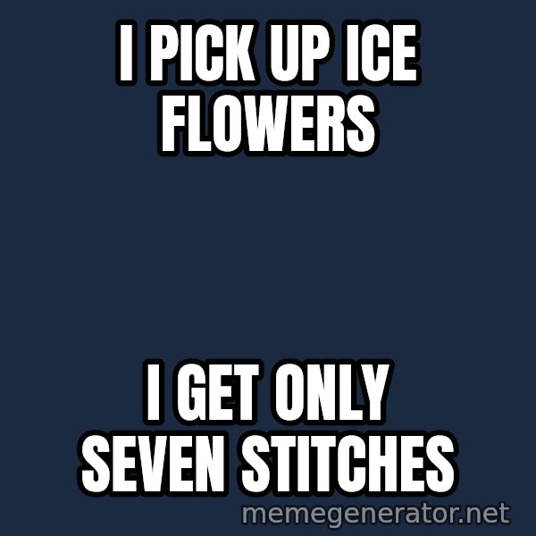 Katainen Perkele meme: i pick up ice flowers / i  get only   seven  	stitches