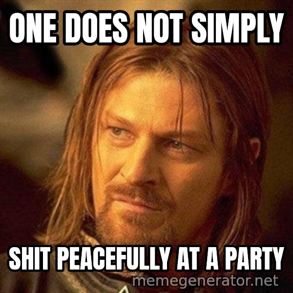 Boromir meme: ONE DOES NOT SIMPLY / SHIT peacefully at a party