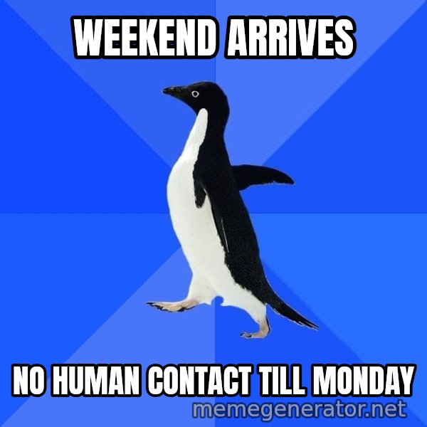 Socially Awkward Penguin meme: weekend arrives / no human contact till monday
