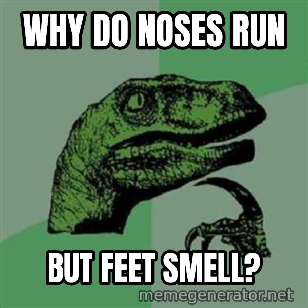 Philosoraptor meme: why do noses run / but feet smell?