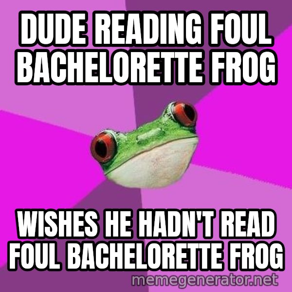 Foul Bachelorette Frog meme: Dude reading Foul Bachelorette Frog / Wishes he hadn't read foul bachelorette frog