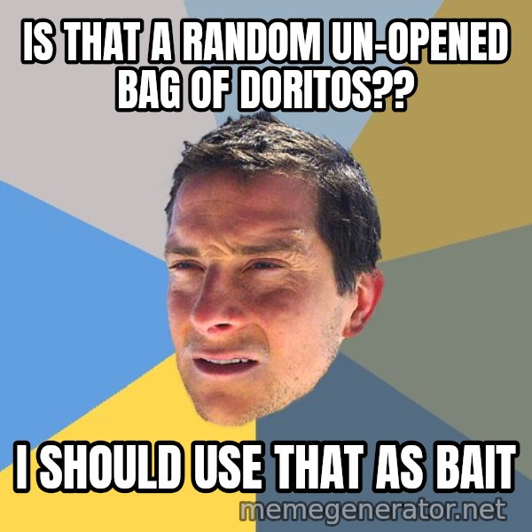 Bear Grylls meme: is that a random un-opened bag of doritos?? / i should use that as bait