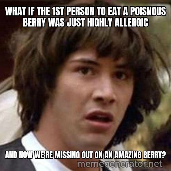 Conspiracy Keanu meme: What if the 1st person to eat a poisnous berry was just highly allergic / and now we're missing out on an amazing berry?