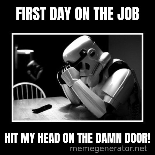 Sad Trooper meme: first day on the job / hit my head on the damn door!