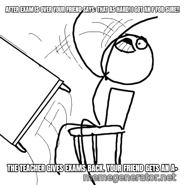 Desk Flip Rage Guy meme: after exam is over your friend says: that as hard! I got an f for sure!! / the teacher gives exams back. your friend gets an a+