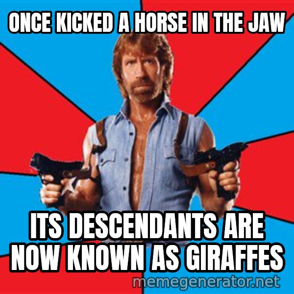 Chuck Norris  meme: Once kicked a horse in the jaw / its descendants are now known as giraffes