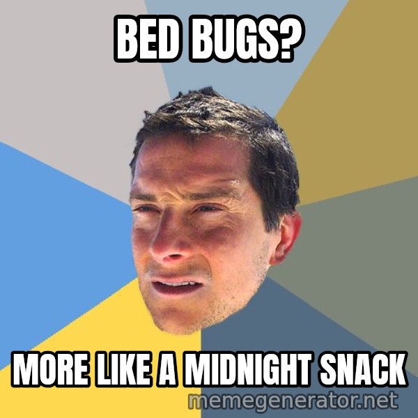 Bear Grylls meme: Bed BUGS? / More like a MIDNIGHT SNACK