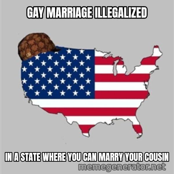Scumbag America2 meme: Gay marriage illegalized / in a state where you can marry your cousin