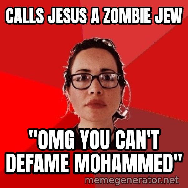 Liberal Douche Garofalo meme: calls jesus a zombie jew / "OMG you can't defame Mohammed"