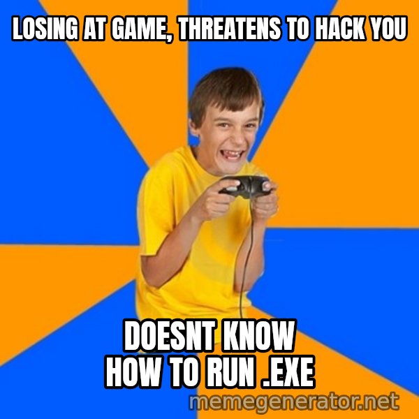 Annoying Gamer Kid meme: Losing at game, threatens to hack you / doesnt know how to run .exe