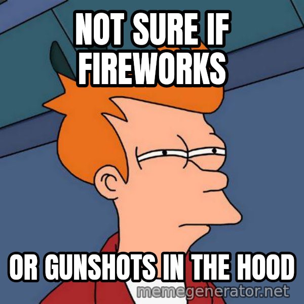 Futurama Fry meme: Not sure if fireworks / or gunshots in the hood