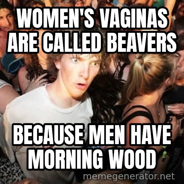Sudden Realization Ralph meme: women's vaginas are called beavers / because men have morning wood