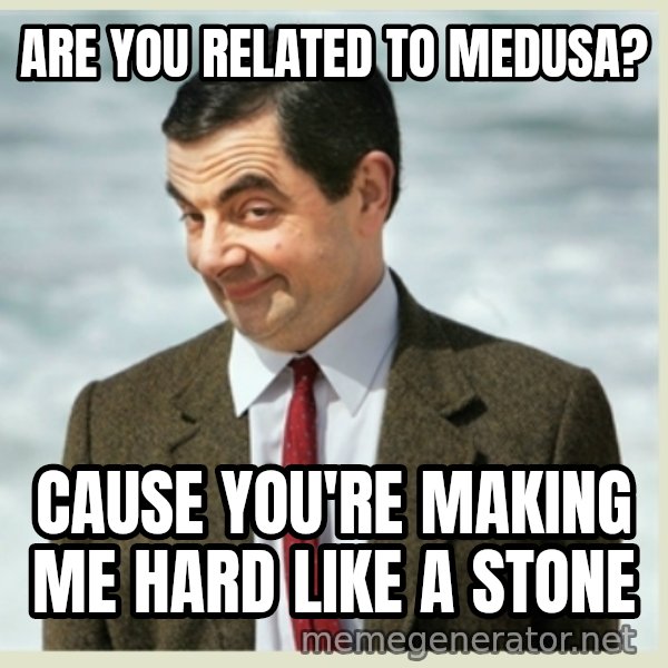 MR bean meme: are you related to medusa? / cause you're making me hard like a stone
