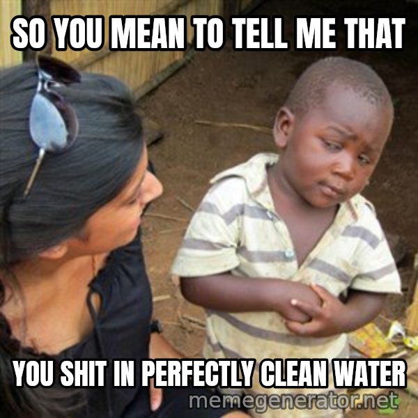 Skeptical 3rd World Kid meme: So you mean to tell me that / you shit in perfectly clean water