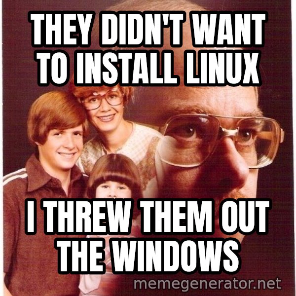 Vengeance Dad meme: they didn't want to install linux / i threw them out the windows