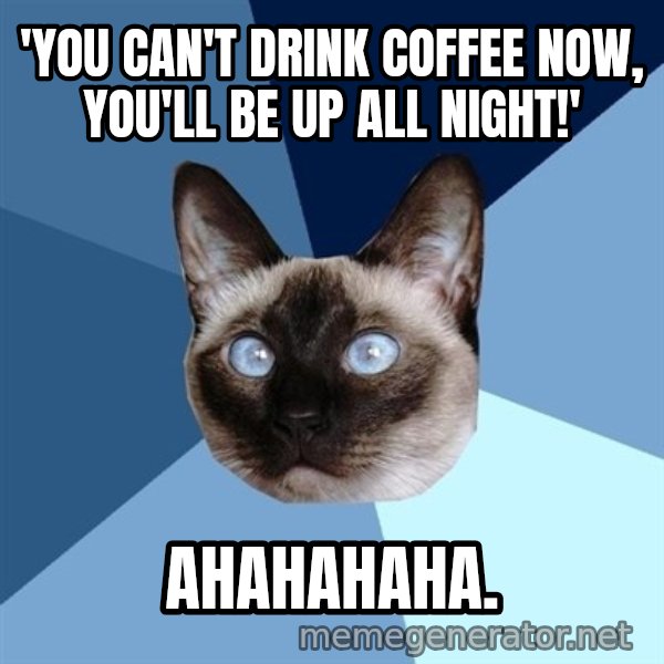Chronic Illness Cat meme: 'you can't drink coffEe now, you'll be up all night!' / ahahahaha.