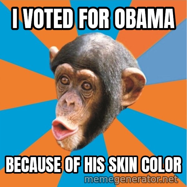 Stupid Monkey meme: I voted for Obama / because of his skin color