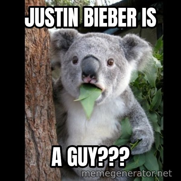 Koala can't believe it meme: Justin bieber is / A guy???