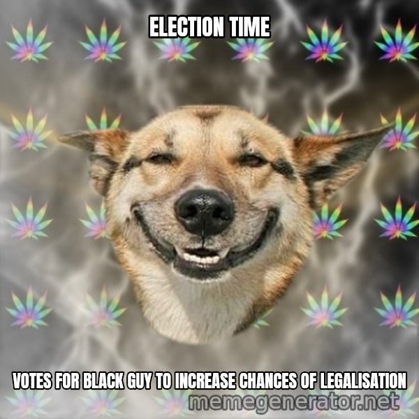 Stoner Dog meme: election time / votes for black guy to increase chances of legalisation