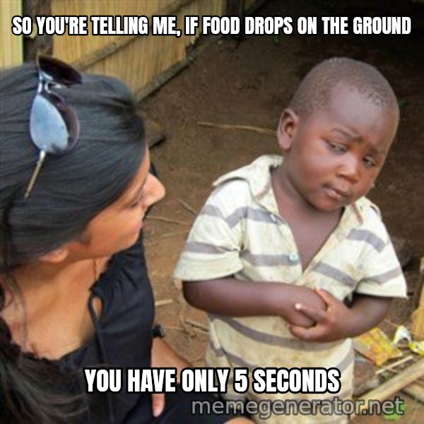 Skeptical 3rd World Kid meme: so you're telling me, if food drops on the ground / you have only 5 seconds